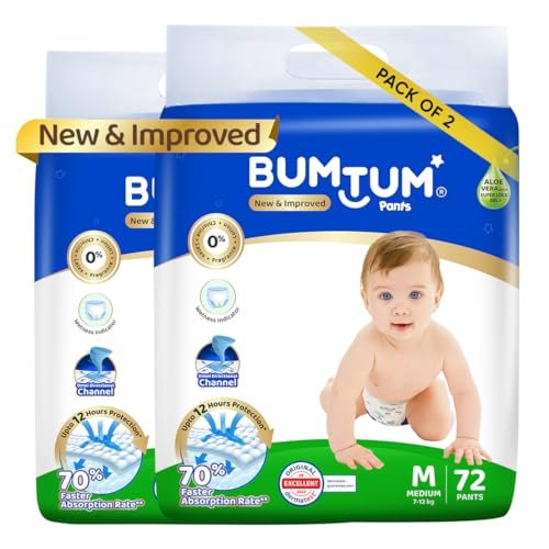 Bumtum Baby Diaper Pants, Medium Size, Double Layer Leakage Protection Infused With Aloe Vera, Cottony Soft High Absorb Technology (Pack of 2, 72 Pcs. per pack)