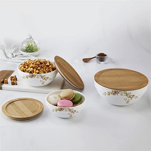 CELLO Opalware Royale Mixing Bowl Set with Bamboo Lid - Gardenia 500ml, 1000ml, 1500ml, White, 3 Units