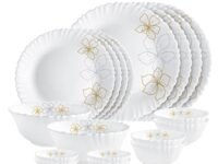 Cello Opalware Dazzle Series Monarch Dinner Set, 18 Units | Opal Glass Dinner Set for 4 | Light-Weight, Daily Use Crockery Set for Dining | White Plate and Bowl Set