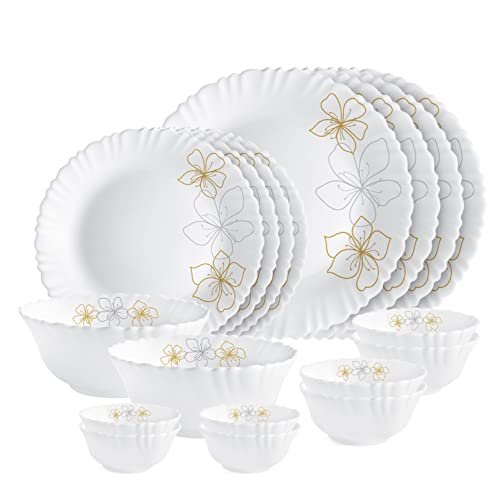 Cello Opalware Dazzle Series Monarch Dinner Set, 18 Units | Opal Glass Dinner Set for 4 | Light-Weight, Daily Use Crockery Set for Dining | White Plate and Bowl Set