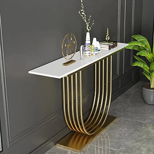 Console Table with Gold Base Foyer Table, Narrow Modern Hallway Table with Geometric Iron Legs for Living Room, Hallway, Entrance (Golden White)