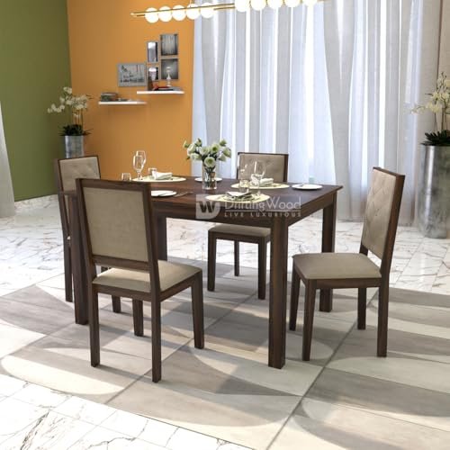 DRIFTINGWOOD Izabel Dining Table 4 Seater | Four Seater Dinning Table with 4 Chairs with Beige Cushions for Home | Rosewood, Walnut Finish, Self Assembly(DIY)