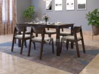 DRIFTINGWOOD Liana Solid Sheesham Wood Dining Table 6 Seater | Wooden Six Seater Dinning Table with Beige Cushion Chairs | Dinner Table 6 Seater | Dining Room Sets | Self Assembly Walnut Finish