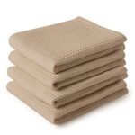 Encasa XO Kitchen Dish Towels Set | Beige | Waffle Weave and Flat Hand Tea Towel | 70x45 cm | Quick Drying Reusable Cotton Washcloths | Multipurpose Lightweight Dishcloths Set of 4
