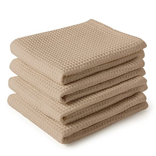 Encasa XO Kitchen Dish Towels Set | Beige | Waffle Weave and Flat Hand Tea Towel | 70x45 cm | Quick Drying Reusable Cotton Washcloths | Multipurpose Lightweight Dishcloths Set of 4