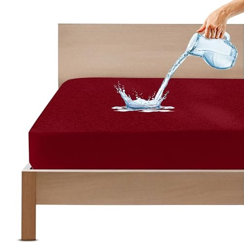 GADDA CO 100% Waterproof Premium Cotton Feel Mattress Protector Twin Bed 72x48 Inch|Ultra Soft Breathable & Hypoallergenic Fitted Bed Protector Terry Cover(6x4 feet, Fits Upto 10 Inches, Maroon)