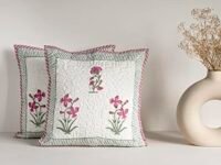 HOMEMONDE Quilted 16 X 16 Inches Soft Throw Cushion Cover - Pack Of 2 Jaipuri Hand Block Print Cotton Pillow Covers, Pink, 300 TC
