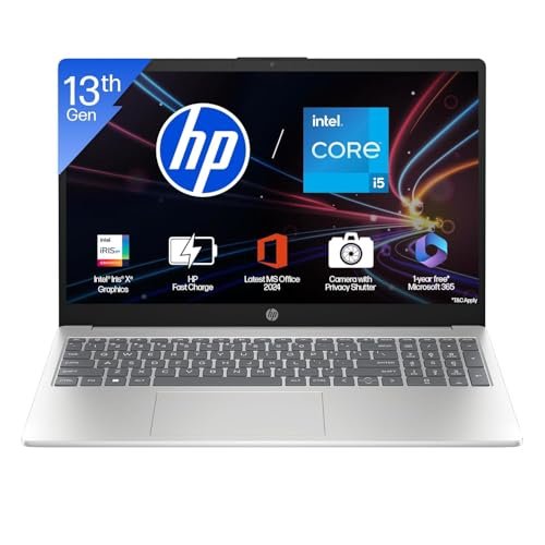 HP Laptop 15, Intel Core i5-1335U-13th Gen, (16GB DDR4,512GB SSD) Anti-Glare, Micro-Edge, FHD, 15.6''/39.6cm, Win11, M365 Basic(1yr)* Office24, Silver, 1.59kg, Iris Xe, FHD Camera w/Shutter