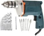 Inditrust New 6-Month Warranty 10Mm Electric Drill Machine With 13Pc HSS Bit 1Pc Masonry 6Pc Flat Wood Bit (Pack Of 4) Pistol Grip Drill, Blue