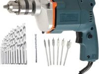Inditrust New 6-Month Warranty 10Mm Electric Drill Machine With 13Pc HSS Bit 1Pc Masonry 6Pc Flat Wood Bit (Pack Of 4) Pistol Grip Drill, Blue