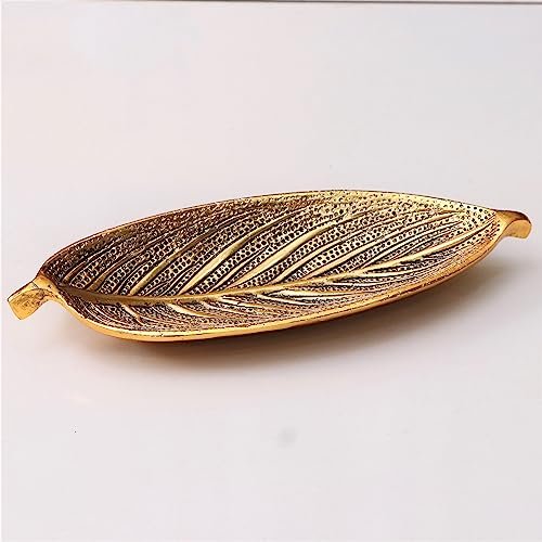 KridayKraft Hand Crafted Metal Leaf Shape Tray with Collectible Art Perfect for Home Centre Table Serving Dry Fruits (Golden, Pack of 1)