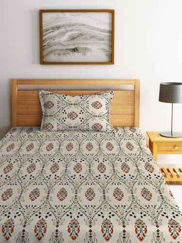 LOOMLYFE 300 TC Cotton Feel Glace Elastic Fitted Printed Single Bed Bedsheet with 1 Pillow Cover Fits Upto 6 Inches Mattress,Size- 42X75X8 Inches, BeigeJaipuri