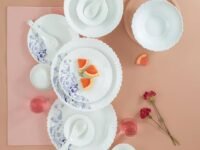 Larah by Borosil Blue Eve Silk Series Opalware Dinner Set | 35 Pieces for Family of 6 | Microwave & Dishwasher Safe | Bone-Ash Free | Crockery Set for Dining & Gifting | Plates & Bowls | White