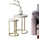 Lula Nesting Round Side Set of 2, Accent End Table for Living Room with Wood or Marble Finish Tabletop and Metal Base, White/Gold