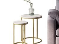 Lula Nesting Round Side Set of 2, Accent End Table for Living Room with Wood or Marble Finish Tabletop and Metal Base, White/Gold