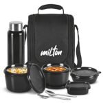 MILTON Pro Lunch Box with Steel Cutlery, 3 Microwave Safe Inner Steel Containers (180ml, 320ml, 450ml) Plastic Chutney Dabba 100ml, Bottle 750ml with Insulated Bag, Office Tiffin, Black