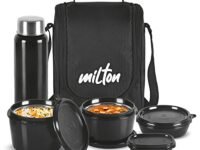 MILTON Pro Lunch Box with Steel Cutlery, 3 Microwave Safe Inner Steel Containers (180ml, 320ml, 450ml) Plastic Chutney Dabba 100ml, Bottle 750ml with Insulated Bag, Office Tiffin, Black