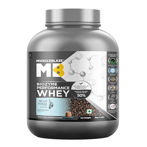MuscleBlaze Biozyme Performance Whey Protein Powder, Blue Tokai Coffee (2kg / 4.4lbs) | 25g Protein Per Scoop | Clinically Tested 50% Higher Protein Absorption