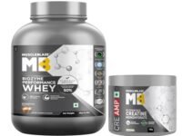 MuscleBlaze Biozyme Performance Whey Protein Powder, Kesar Thandai (2kg / 4.4lbs) & Micronised Creatine Monohydrate CreAMP Powder, Unflavoured (32 Servings, 100g) | Pack of 2