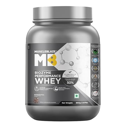 MuscleBlaze Biozyme Performance Whey Protein Powder, Triple Chocolate (850g / 1.8lbs) | 25g Protein Per Scoop | Clinically Tested 50% Higher Protein Absorption