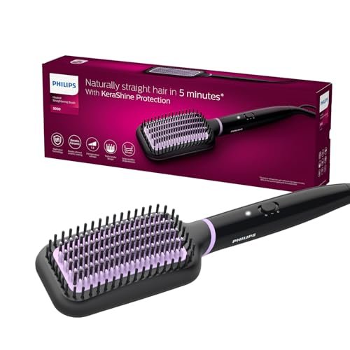 PHILIPS Hair Straightener Brush - 5X Better Frizz Free Hair In 5Min I Style With 2X More Volume|Shiny And Smooth Hair I No Scalp Burns I Keratin Bristles I 2 Temperature Settings|Bhh880/10,Black