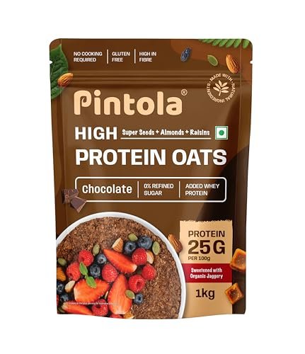 PINTOLA 25g High Protein Oats 1kg, Dark Chocolate,No Refined Sugar, with Almonds Raisin, Pumpkin and Chia Seeds, 8g Fibre, Rolled Oats for weight loss, Breakfast Cereals | Gluten Free