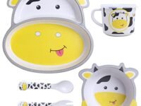 POLKA TOTS Eco Friendly Bamboo Fiber Cartoon Dinner Set, 5 Pcs Tableware Crockery Set for Weaning Toddler & Self Feeding Baby Utensil Set for Baby Kids (Cow)- Yellow