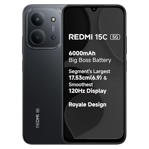 REDMI 15C 5G Midnight Black 6GB + 128GB | Royale Design | Massive 6000mAh Battery | Segment's Largest 17.53cm Display Up to 120Hz | MediaTek Dimensity 6300 | 33W Fast Charging | 50MP AI Dual Camera