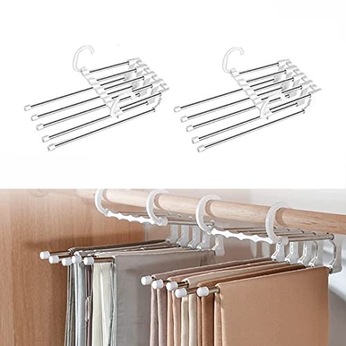 RYLAN (Pack of 2) 5 in 1 ABS Foldable Hangers for Clothes Hanging Multi-Layer Multi-Purpose Pant Hangers for Wardrobe Magic Foldable Hanger Clothes Hanger Multipurpose Hanger Organizer Steel