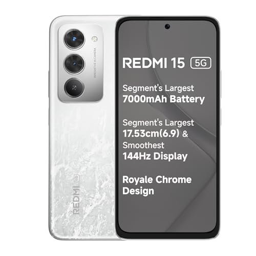 Redmi 15 5G Frosted White 6GB + 128GB | Segment's Largest 7000mAhA Battery | Segment's Largest Display 17.53cm(6.9) Up to 144Hz | Snapdragon 6s Gen 3 | 18W Reverse Charging | 50MP AI Dual Camera