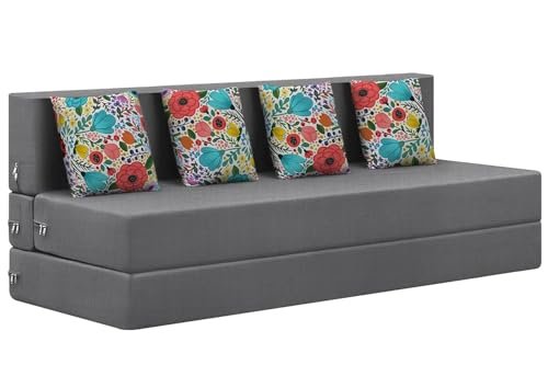 Rosebell Foldable Four Seater Sofa Cum Bed, Sofa Bed 6 X 6 Feet, Jute Fabric- Washable Cover- Including 4 Cushion Perfect for Home & Office for Guests - Grey