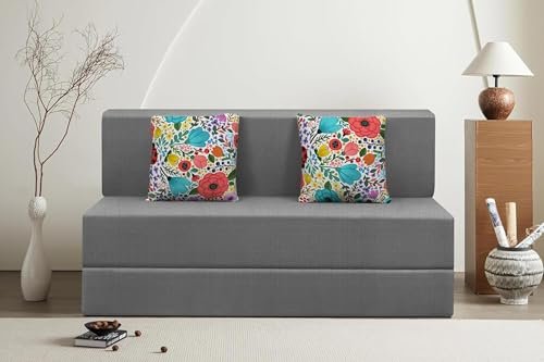 Rosebell Foldable Two Seater Sofa Cum Bed, Sofa Bed 4 X 6 Feet, Jute Fabric- Washable Cover- Including 2 Cushion Perfect for Home & Office - Grey Color