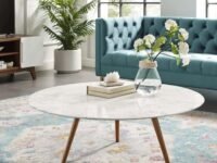 Round Modern Coffee Table for Living Room,Center Tea Table Dining Table Coffee Table Wooden Table Top Marble Finish for Living Room