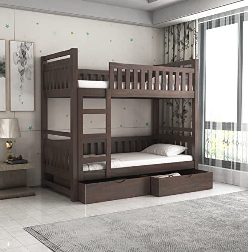 STRATA FURNITURE Sheesham Wood Bunk Bed with 2 Drawer Storage Wooden Double Bed Furniture for Bedroom Home (Walnut Finish)