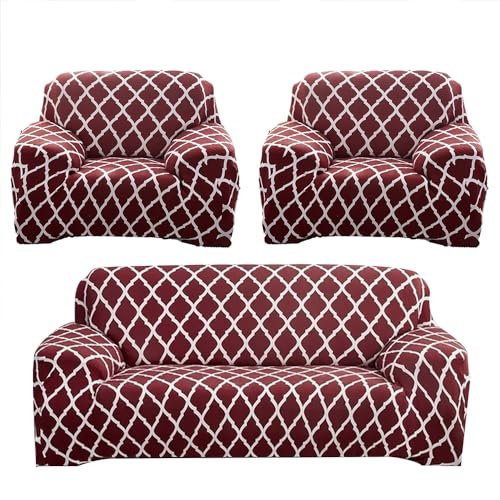 Sofa Cover 3 Seater and 2 Seater Fully Covered Universal 5 Seater Sofa Cover Non-Slip Sticky Elastic Stretchable Sofa Set Slipcover (5 Seater, Burgundy Geometry)