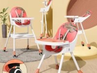 TONY STARK LATEST 5 in 1 2024 Model, Reclining foldable Baby High Chair with wheels , Dual Dining Detachable Food Tray, Height Adjustable Feeding Seat, Five Point Safety Belt, Upgraded Version PU Cushion Pad, Easy to Clean for Baby, Kids, Toddler (Printed Orange)