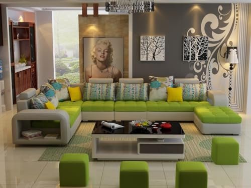 Torque - Allister U Shape 12 Seater Sofa Set for Living Room (Right Side, Light Green & Grey) | U Shaped Sofa Couch with 4 Puffy for Hall Guest Room | 3 Years Warranty