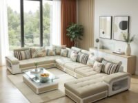Torque - Silvester Solid Wood 12 Seater Sofa Set for Living Room (Right Side, Beige & White) | Interchangeable U Shape Sectional Sofa with Puffy and Stool for Guest Room