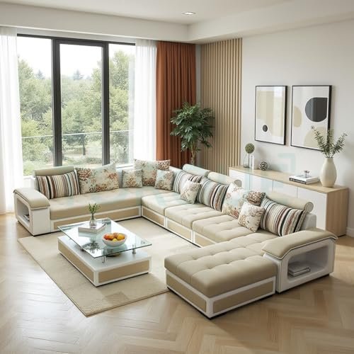Torque - Silvester Solid Wood 12 Seater Sofa Set for Living Room (Right Side, Beige & White) | Interchangeable U Shape Sectional Sofa with Puffy and Stool for Guest Room