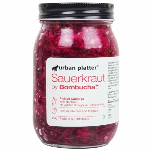 Urban Platter Sauerkraut Original Pickled Probiotic Cabbage with Beetroot, 450g / 15.8oz [Raw, Artisanal, Plant-Based, Preservative Free]