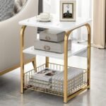 White Marble Side Table 3 Tier Sofa End Table w/Storage Shelf Gold Metal Snack Table Small Accent Table for Balcony Bedroom Living Room Dorm Decoration