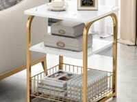 White Marble Side Table 3 Tier Sofa End Table w/Storage Shelf Gold Metal Snack Table Small Accent Table for Balcony Bedroom Living Room Dorm Decoration