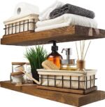 Wood Floating Shelves Set of 2 - Rustic Shelf 22 inch - Made in India - Wide Wooden Wall Shelves for Living Room Bedroom Kitchen Bathroom Farmhouse - Walnut Color - 22 D x 6.7W x 1.2H (22inch)
