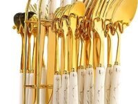 XieXie 24-Piece Gilded Stainless Steel Flatware Set Handle with Ceramic,Kitchen Utensil Tableware Cutlery Set Service for 6, Steak Cutlery Set for Home and Restaurant (White)