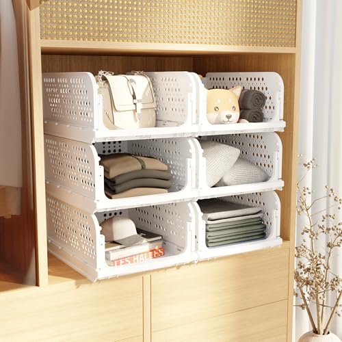 amazon basics Clothes Organizer for Wardrobe | Foldable & Stackable Closet Organizer| 6 Pieces| White|Foldable Shirt Storage Stacker for Wardrobe| 33L x 44W x 19H cm,White, Drawer Organizers