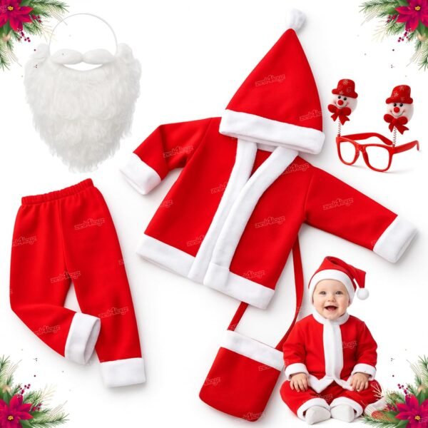 Zest 4 Toyz Santa Claus Dress for Kids Christmas Dress With Jacket, Pant, Cap, Goggles, Beard and Pouch Santa Dress for Boys and Girls - Red