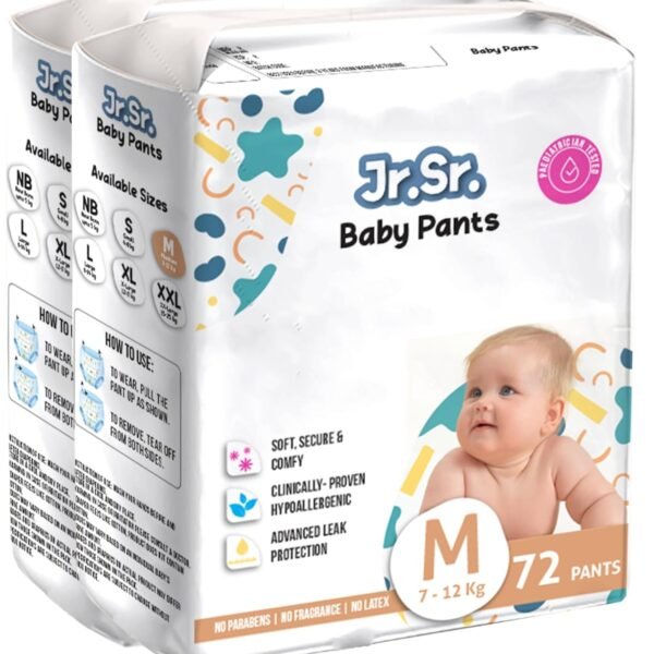 Jr. Sr. Baby Diaper Pants | Medium (M) Size (7-12 kg), 144 Count | Pack of 2 | Upto 12 hr Absorption with Advanced Leak Protection | Safe For Babies Skin | Soft, Secure & Comfy