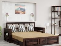 Krishna Wood Decor Solid Sheesham Wood Convertible 3 Seater Sofa Cum Bed with Headboard and Storge Armrest, Folding Double Bed for Home Living Guest and Office Areas, Walnut