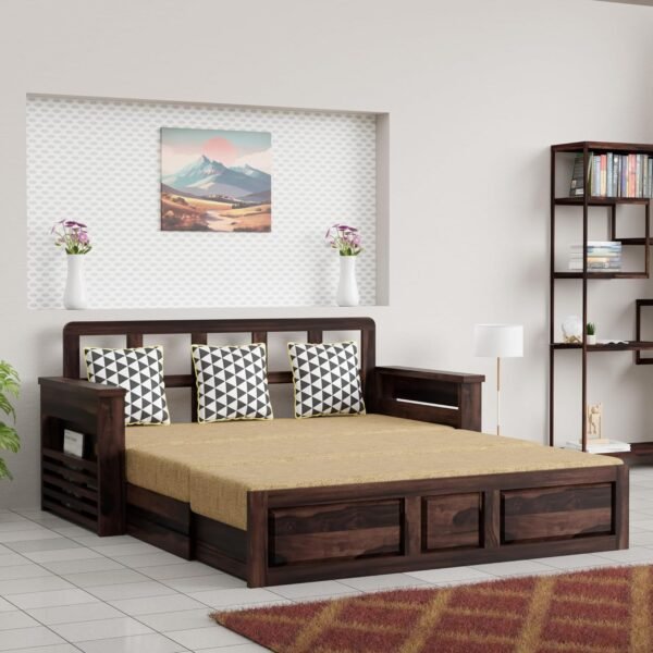 Krishna Wood Decor Solid Sheesham Wood Convertible 3 Seater Sofa Cum Bed with Headboard and Storge Armrest, Folding Double Bed for Home Living Guest and Office Areas, Walnut