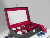 LEDO Watch Case Box and Sunglass Box Holder in PU Leather with 6 Slots for Watches and 3 Slots for Sunglasses Balck & Cherry color